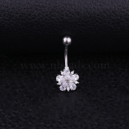 304 Stainless Steel Clear Cubic Zirconia Flower Curved Barbell Belly Rings, Stainless Steel Color, 11mm(FS-WG2B467-01)