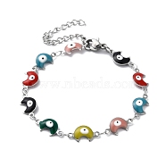 Moon with Evil Eye Enamel Link Chain Bracelet, 304 Stainless Steel Bracelet, Colorful, 6-5/8 inch(16.7cm)(BJEW-G683-01P-01)