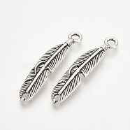 Tibetan Style Alloy Pendants, Feather, Cadmium Free & Nickel Free & Lead Free, Antique Silver, 35x7x2mm, Hole: 2.5mm(X-TIBE-Q072-07AS-NR)