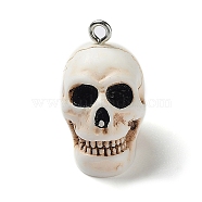 Resin Pendants, Halloween Skull Charms with Platinum Tone Iron Loops, Floral White, 25.5x14x17mm, Hole: 2mm(CRES-D009-01B)