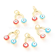 Brass Enamel Pendants, Long-Lasting Plated, Real 18K Gold Plated, with Jump Rings, Round with Evil Eye, Light Blue, 16x14x5mm, Jump Ring: 5x0.6mm,  3mm inner diameter(KK-Y001-01E-G)