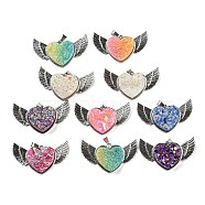 Eletroplated Natural Druzy Agate Pendants, Alloy Heart & Wing Charms, Platinum, Mixed Color, 23x41x10mm, Hole: 2.5x4.5mm(G-G131-03P)