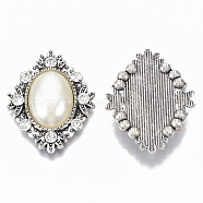 Alloy Cabochons, with Crystal Rhinestone, with ABS Plastic Imitation Pearl, Rhombus, Antique Silver, Antique White, 32x26x7.5mm(PALLOY-R117-02A)