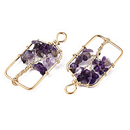 Natural Amethyst Pendants, Golden Tone Brass Wire Wrapped, Tree, Rectangle, 42~43x21.5~22x6.5~7.5mm, Hole: 4mm(G-T131-93B-06)