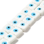 Handmade Evil Eye Lampwork Beads Strands, Square, White, 10~11x10~11x4~5.5mm, Hole: 1.6mm, about 40pcs/strand, 16.02 inch(40.7cm)(LAMP-G154-03G)