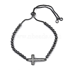 Rack Plating Brass Micro Pave Cubic Zirconia Silder Bracelets, Cadmium Free & Lead Free, Long-Lasting Plated, Cross, Black, Inner Diameter: 1-3/4~3-1/4 inch(4.4~8.3cm)(BJEW-P341-04EB)