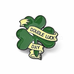 St. Patrick's Day Enamel Pins, Alloy Brooches for Backpack Clothes, Clover with Word Double Luck Day, 29.5x28mm(JEWB-R066-01EB-04)