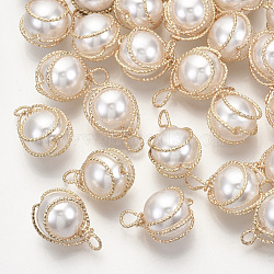 ABS Plastic Imitation Pearl Pendants, with Light Gold Plated Brass Wire, Creamy White, 15~18x11x10mm, Hole: 2~3mm(KK-N235-020B)