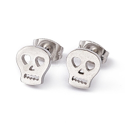 Non-Tarnish 304 Stainless Steel Tiny Hollow Out Skull Stud Earrings for Women, Stainless Steel Color, 8x7mm, Pin: 0.6mm(STAS-A065-05P)