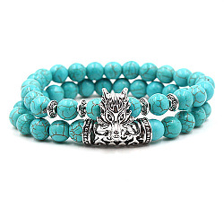 2Pcs Synthetic Turquoise Stretch Bracelet Sets for Women Men, with Tibetan Style Alloy Beads, Dragon, 2pcs/set(IX3190-9)