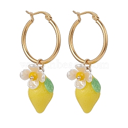 Resin Lemon with ABS Plastic Pearl Flower Dangle Hoop Earrings, Golden 304 Stainless Steel Jewelry for Women, Yellow, 46.5~47mm, Pin: 16x0.8~1.5x0.7mm(EJEW-TA00187)
