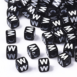 Opaque Acrylic Beads, Horizontal Hole, Alphabet Style, Cube, Black & White, Letter.W, 5x5x5mm, Hole: 2mm, about 430pcs/43g(X-SACR-N002-01W)