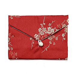 Chinese Style Floral Cloth Jewelry Storage Pouches, with Plastic Button, Rectangle Jewelry Gift Case for Bracelets, Earrings, Rings, Random Pattern, FireBrick, 9.5x12x0.3~0.7cm(AJEW-D065-01C-01)