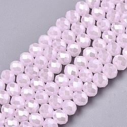 Electroplate Glass Beads Strands, Imitation Jade Beads, Pearl Luster Plated, Faceted, Rondelle, Pink, 8x5mm, Hole: 0.5mm, about 63~64pcs/strand, 15.7~16.1 inch(40~41cm)(X-EGLA-A034-J8mm-A09)