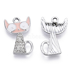 Eco-Friendly Zinc Alloy Pendants, with Enamel and Crystal Rhinestone, Cadmium Free & Nickel Free & Lead Free, Cat, Platinum, Pink, 21~22x13x2.5mm, Hole: 1.8mm(FIND-N048-40E-NR)