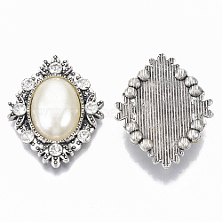 Alloy Cabochons, with Crystal Rhinestone, with ABS Plastic Imitation Pearl, Rhombus, Antique Silver, Antique White, 32x26x7.5mm(PALLOY-R117-02A)