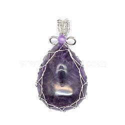 Natural Amethyst Pendants, Teardrop Charms, with Copper Wire & Ice Pick Pinch Bails, 47x24x19mm(PW-WG69173-05)