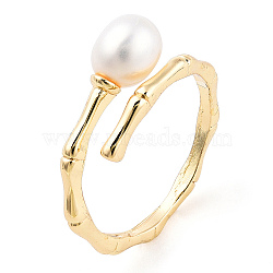 Natural Pearl Beaded Open Cuff Rings, Brass Bamboo Wrap Ring for Women, Real 14K Gold Plated, US Size 6(16.5mm)(RJEW-T026-06G)