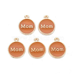 Alloy Enamel Charms, Cadmium Free & Lead Free, Light Gold, Flat Round with Mom, Chocolate, 14.5x12x2mm, Hole: 1.4mm(ENAM-T016-11F-RS)