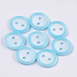 Resin Buttons, 2-Hole, Flat Round, Sky Blue, 11x2mm, Hole: 1.8mm, about 1000pcs/bag(BUTT-Q041-02J)