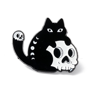 Skull with Cat  Enamel Pin, Halloween Alloy Brooch for Backpack Clothes, Electrophoresis Black, White, 25x31x1.5mm