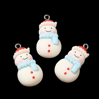 Opaque Resin Pendants, Christmas Snowman Charms with Platinum Plated Zinc Alloy Loops, Red, 28.5x15x7mm, Hole: 2mm