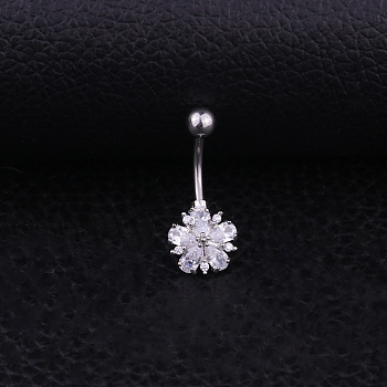 304 Stainless Steel Clear Cubic Zirconia Flower Curved Barbell Belly Rings, Stainless Steel Color, 11mm