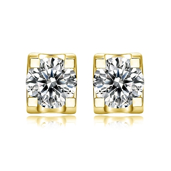 925 Sterling Silver Micro Pave Cubic Zirconia Ear Studs for Women, Rectangle, Real 14K Gold Plated, 7.5x5mm