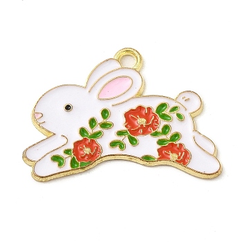 Alloy Enamel Pendants, Rabbit with Flower Charm, Golden, White, 19.5x27x1mm, Hole: 2mm