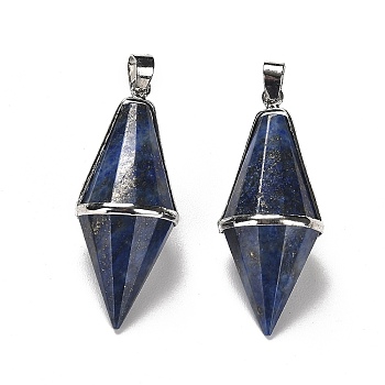 Natural Lapis Lazuli Pointed Pendants, Faceted Bicone Bullet Charms with Rack Plating Platinum Plated Brass Findings, Cadmium Free & Lead Free, 42.5~43x17~18mm, Hole: 4x5.5mm