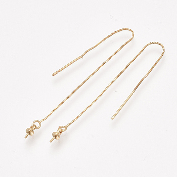 Brass Stud Earring Findings, Ear Threads and Cup Pearl Bail Pin, For Half Drilled Bead, Real 18K Gold Plated, 88x0.6mm, Pin: 0.8mm