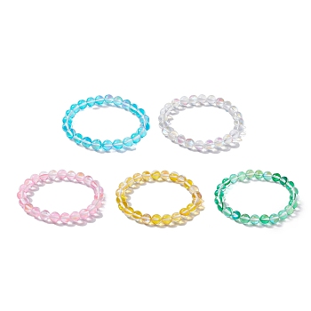 8mm Round Synthetic Moonstone Beaded Stretch Bracelets for Women, Mixed Color, Inner Diameter: 2 inch(5.2cm)