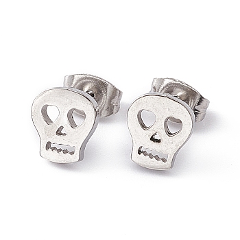 Non-Tarnish 304 Stainless Steel Tiny Hollow Out Skull Stud Earrings for Women, Stainless Steel Color, 8x7mm, Pin: 0.6mm