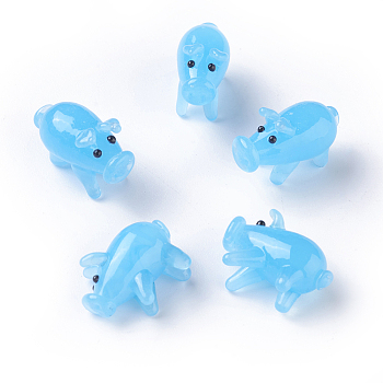 Handmade Lampwork Home Display Decorations, Piggy, Deep Sky Blue, 17~20x9~10x13~15mm