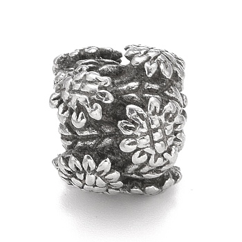 304 Stainless Steel European Beads, Large Hole Beads, Column with Leaf Pattern, Antique Silver, 11x9.5mm, Hole: 4.5mm