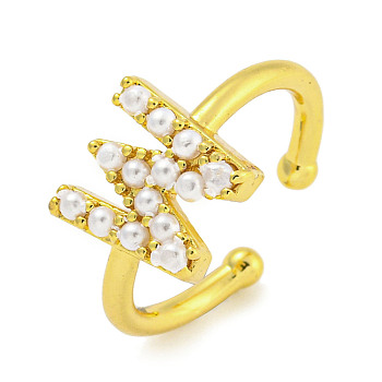 Rack Plating Brass Open Cuff Rings for Women, with ABS Imitation Pearl, Cadmium Free & Lead Free, Long-Lasting Plated, Letter, Letter W, Inner Diameter: 17mm, Letter W: 10.8x10.5mm