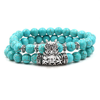 2Pcs Synthetic Turquoise Stretch Bracelet Sets for Women Men, with Tibetan Style Alloy Beads, Dragon, 2pcs/set