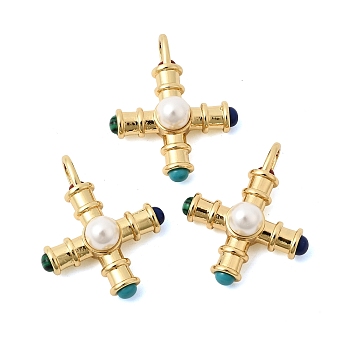 Brass with Synthetic Malachite & Turquoise and ABS Plastic Pearl Pendants, Cross Charms, Rack Plating, Lead Free & Cadmium Free, Long-Lasting Plated, Real 18K Gold Plated, 32x26x9.5mm, Hole: 4.5x4.5mm