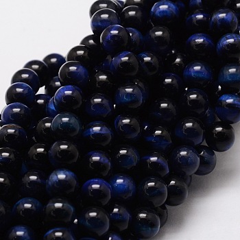 Natural Tiger Eye Round Beads Strands, Dyed & Heated, Blue, 6mm, Hole: 1mm, about 62pcs/strand, 15.7 inch