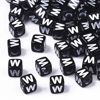 Opaque Acrylic Beads, Horizontal Hole, Alphabet Style, Cube, Black & White, Letter.W, 5x5x5mm, Hole: 2mm, about 430pcs/43g