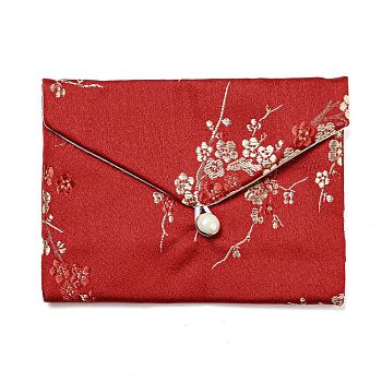 Chinese Style Floral Cloth Jewelry Storage Pouches, with Plastic Button, Rectangle Jewelry Gift Case for Bracelets, Earrings, Rings, Random Pattern, FireBrick, 9.5x12x0.3~0.7cm