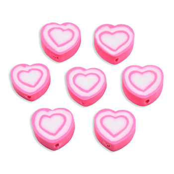 Handmade Polymer Clay Beads, Heart, Hot Pink, 8~10x9~10.5x4~5mm, Hole: 1.2mm