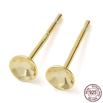 925 Sterling Silver Stud Earring Findings, Flat Round Earring Settings, for Bead, with S925 Stamp, Real 18K Gold Plated, 12x4mm, Pin: 0.7mm