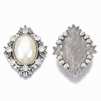 Alloy Cabochons, with Crystal Rhinestone, with ABS Plastic Imitation Pearl, Rhombus, Antique Silver, Antique White, 32x26x7.5mm