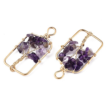 Natural Amethyst Pendants, Golden Tone Brass Wire Wrapped, Tree, Rectangle, 42~43x21.5~22x6.5~7.5mm, Hole: 4mm