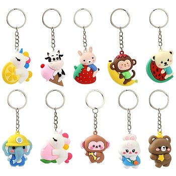 Plastic Keychain, with Iron Findings, Mixed Animals, Mixed Color, 10~10.5cm