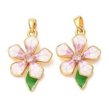 Brass Micro Pave Clear Cubic Zirconia Pendants, with Enamel, Flower with Leaf Charms, Rack Plating, Long-Lasting Plated, Cadmium Free & Lead Free, Real 18K Gold Plated, 24x16x3mm, Hole: 4x2.5mm