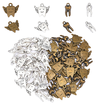 80Pcs 4 Style Alloy Pendants, Tooth, Antique Bronze & Antique Silver, 15~20x7~20x2~5mm, Hole: 1.6~2mm, 20pcs/style