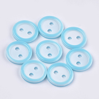 Resin Buttons, 2-Hole, Flat Round, Sky Blue, 11x2mm, Hole: 1.8mm, about 1000pcs/bag
