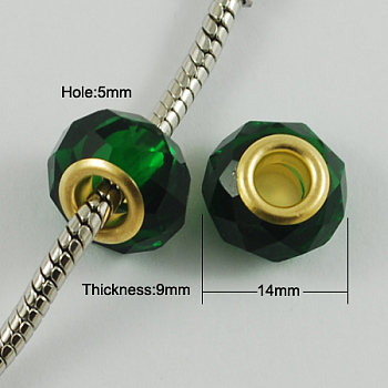 Glass European Beads, with Golden Plated Brass Double Cores, Faceted, Rondelle, Dark Green, 14x9mm, Hole: 5mm